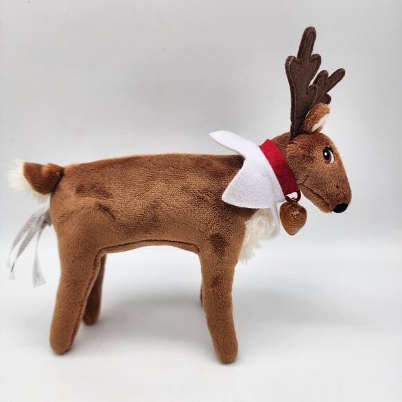 Elf Pets Reindeer Plush 8" Brown Fur Sewn Eyes Red Collar Glitter Heart Charm - Picture 1 of 7